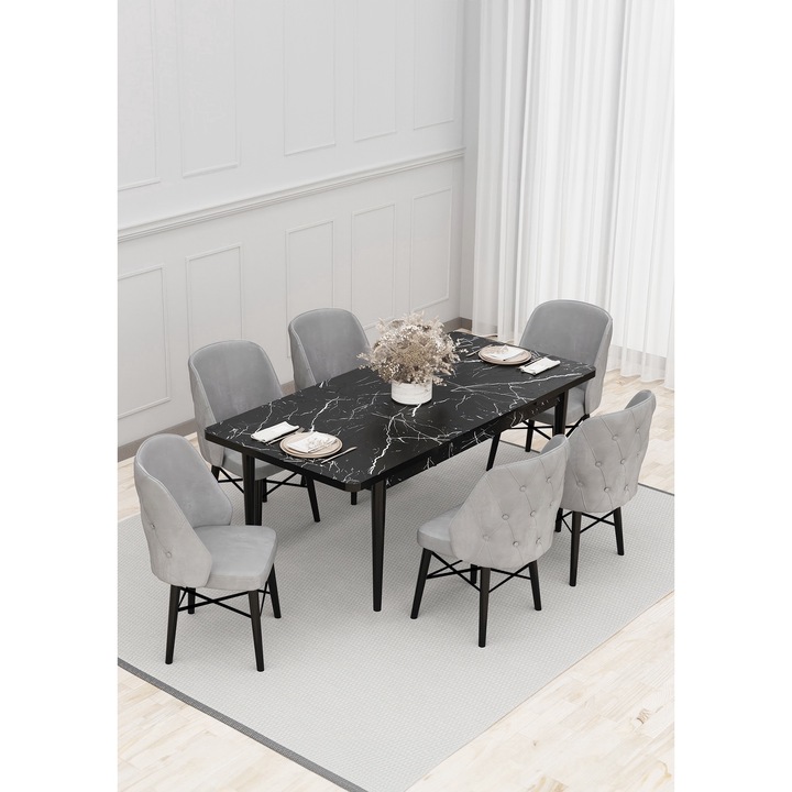 Set masa extensibila Babyface Lux, cu 6 scaune Gri, tapiterie din material catifea, dreptunghiulara, blat din pal laminat, picioare negru, Masa 80x170x80 cm - Desire Furniture