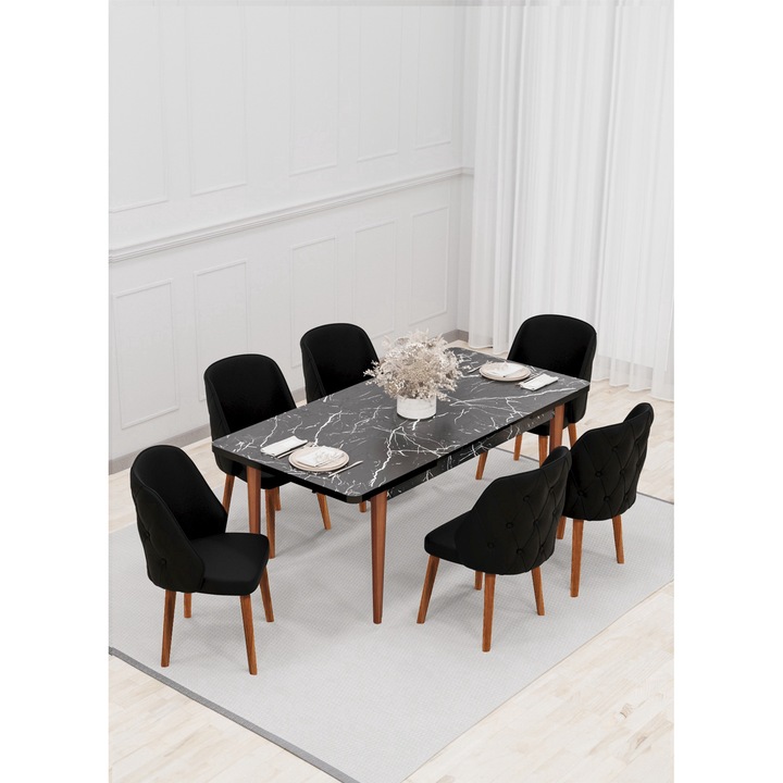 Set masa extensibila Babyface Lux, cu 6 scaune Negru, tapiterie din material catifea, dreptunghiulara, blat din pal laminat, picioare lemn, Masa 80x170x80 cm - Desire Furniture