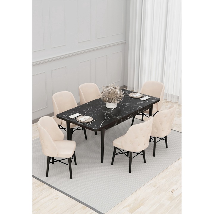 Set masa extensibila Babyface Lux, cu 6 scaune Crem, tapiterie din material catifea, dreptunghiulara, blat din pal laminat, picioare negru, Masa 80x170x80 cm - Desire Furniture