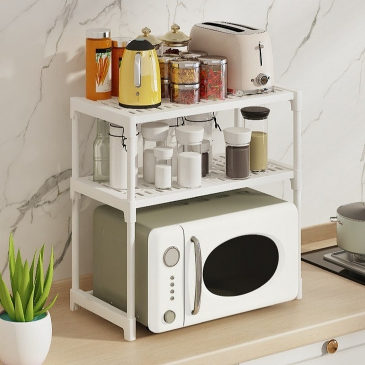 Raft extensibil, suport pentru cuptorul cu microunde, multifunctional, pentru bucatarie, baie, dormitor, din metal si plastic, eco-friendly, instalare usoara, alb