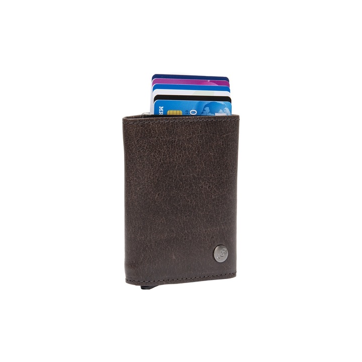 Portofel unisex cu suport pentru carduri, din piele naturala, The Chesterfield Brand, Gabriela, cu protectie anti scanare RFID, Maro inchis