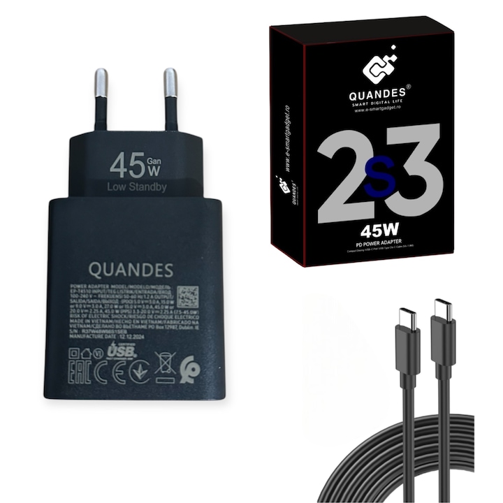 Kit Incarcator super Fast Charge 45W PD usb C, T4511 pentru Samsung S25, S24 ultra, 1 Cablu de date USB-C - C 5A, 1.8m