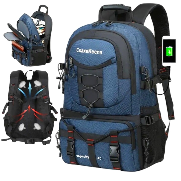 Rucsac Universal, de Alpinism, de Calatorie, Impermeabil, Slot USB Incarcare Telefon, Bretele Reglabile, 52 x 34 x 19 cm, Albastru