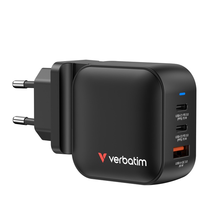 Mini hálózati töltő, Verbatim, GaN, 2 x USB-C, USB-A, 70 W