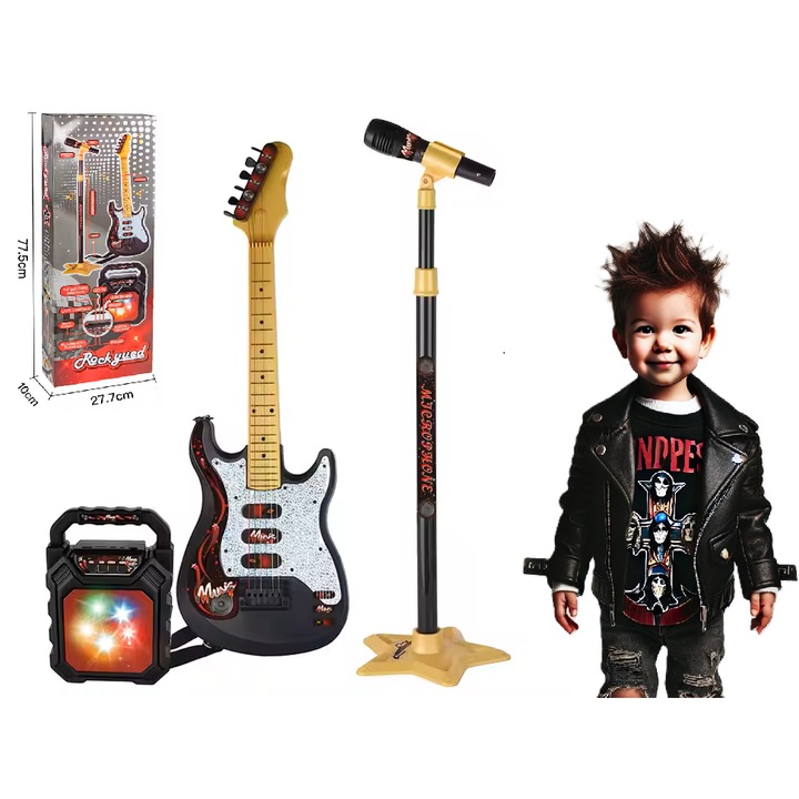 Комплект китара и микрофон със стойка за деца – RocKid - Включва китара, микрофон с регулируема стойка, многофункционален високоговорител с LED осветление, USB кабел, Indiggo, черно/жълто, +3 години