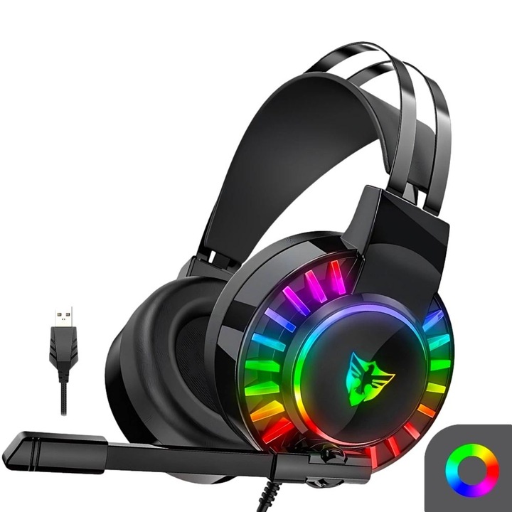 Játékos fejhallgató, G605, USB 7.1, Rgb világítás, térhatású hang, zajcsökkentés, ideális játékokhoz, zenéhez és csevegéshez, fekete/többszínű