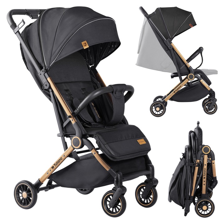 Carucior sport pentru Copii, Tulano, Milan 35, Centura 5 Puncte, Pliabil, Compact, Unghi Reglabil al Spatarului 5, 5 kg, Cos sub Scaun, Blocare Pliabila, Blocare Desfasurabila, Plasa Impotriva Tantarilor, Roti cu Amortizoare, Negru-auriu