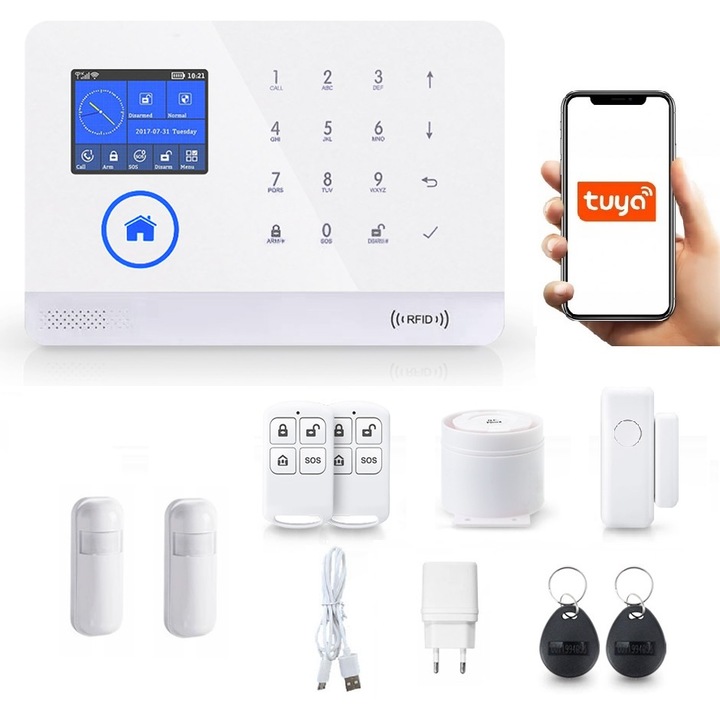 Sistem de alarma Wireless LCD 2.4" Wifi GSM, Onshop, Tuya Smart, 2xPIR, Alb
