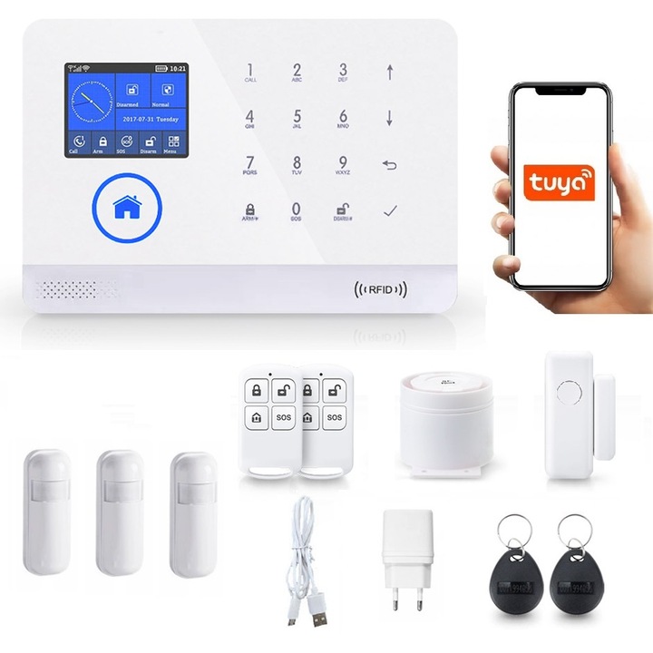 Безжична алармена система LCD 2.4" Wifi GSM, Onshop, Tuya Smart, 3xPIR, Бял