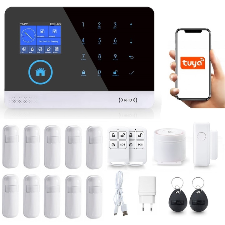 Безжична аларма LCD 2.4" Wifi GSM, Onshop, Tuya Smart, 10xPIR, Черен
