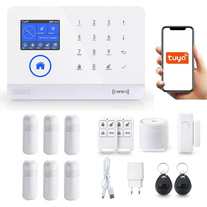 Безжична алармена система LCD 2.4" Wifi GSM, Onshop, Tuya Smart, 6xPIR, Бял