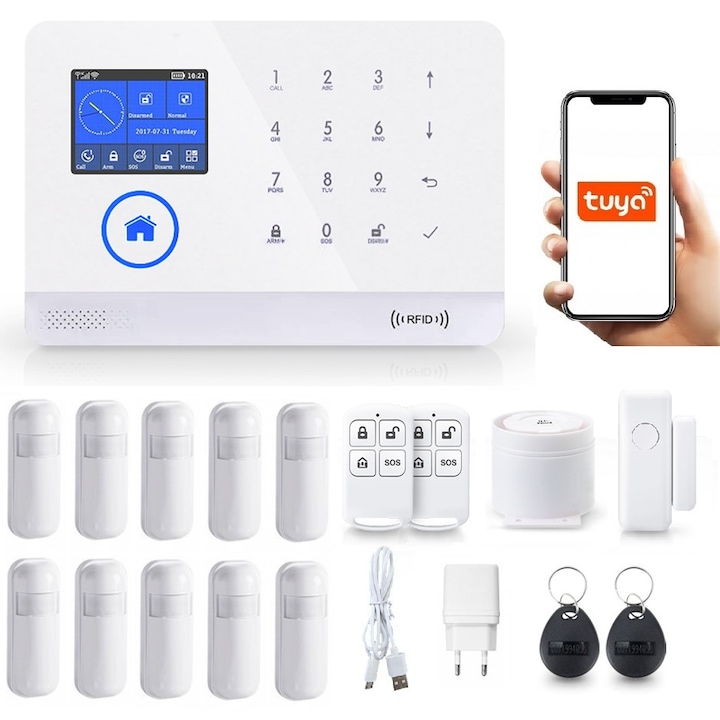 Безжична алармена система LCD 2.4" Wifi GSM, Onshop, Tuya Smart, 10xPIR, Бял