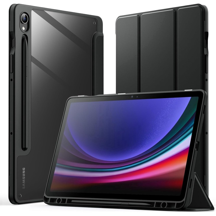 Husa pentru Samsung Galaxy Tab S9 11-inch cu suport de stilou, transparenta spate, neagra