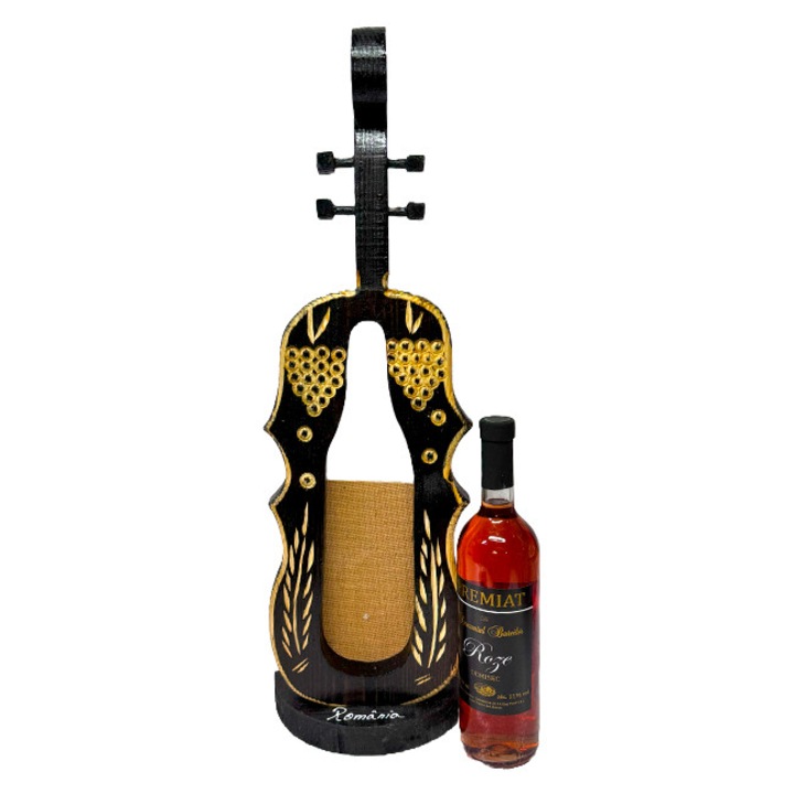 Минибар, дървена поставка във формата на цигулка с бутилка вино, Височина 60 см, Черен, Velve