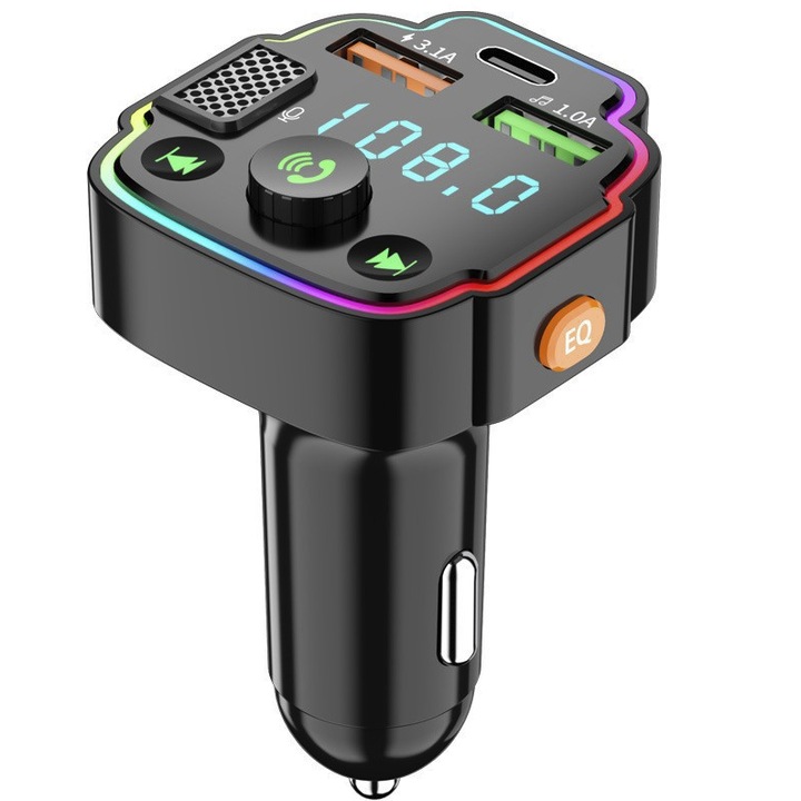 Autós FM modulátor, Bluetooth 5.0, gyorstöltés, C típusú / USB QC 3.0 autós töltő, HD kihangosító hívások, RGB LED, fekete