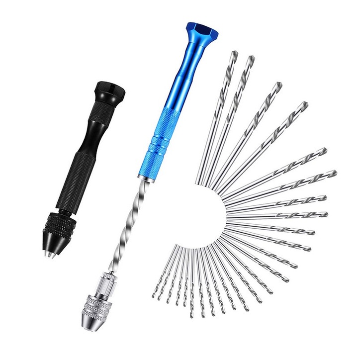 Set de 27 piese burghie manuale, Yakumuz, burghiu rotativ semi-automatic, 25 burghie micro 0.5-3 mm, pentru lucrari de artizanat