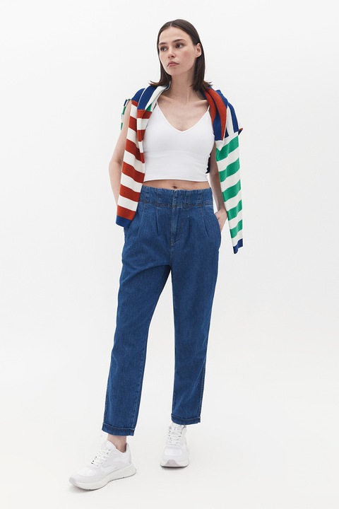 OXXO, Blugi cu talie inalta si detalii plisate, Albastru