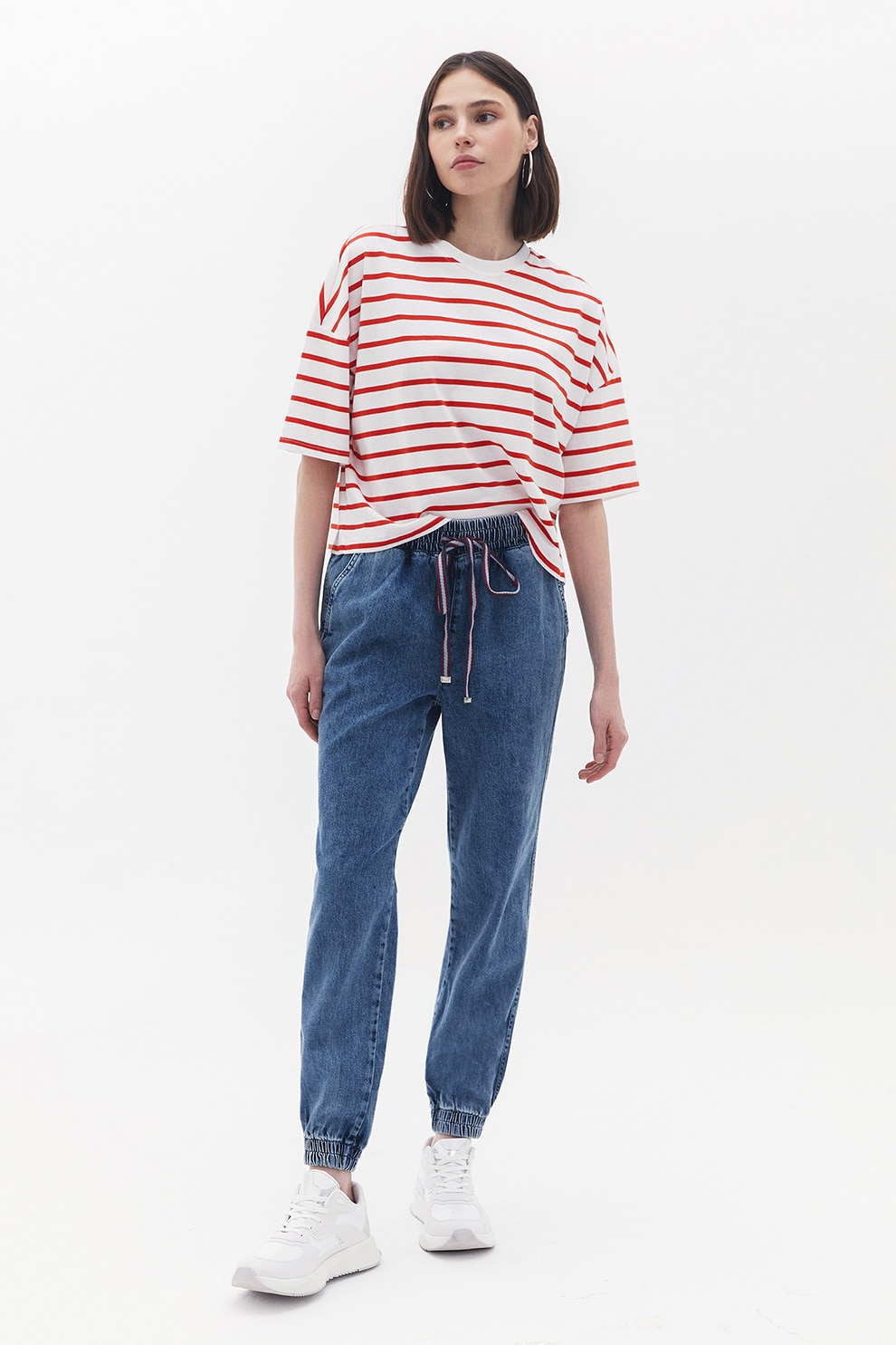 OXXO, Pantaloni de trening cu aspect de denim si talie inalta, Albastru, XS