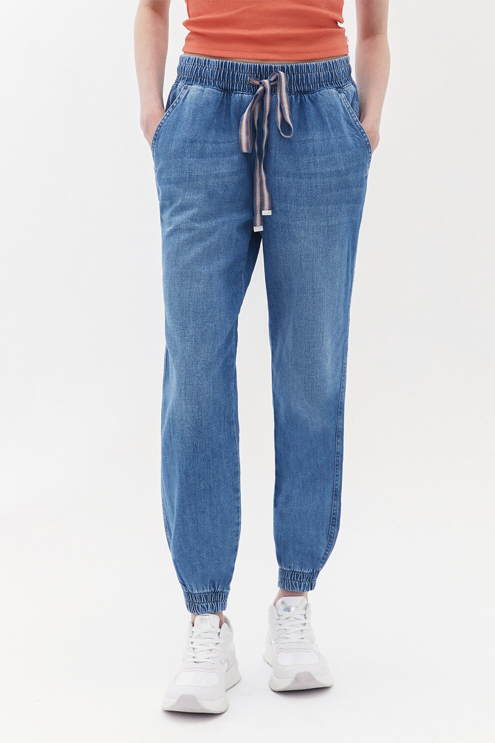 OXXO, Pantaloni de trening cu aspect de denim si talie inalta, Albastru deschis, XS