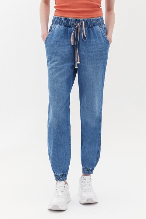 OXXO, Pantaloni de trening cu aspect de denim si talie inalta, Albastru deschis