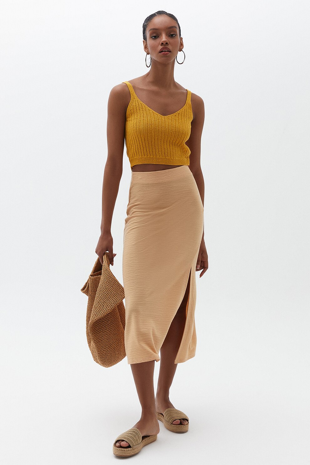 OXXO, Fusta midi cu slit lateral, Bej, XL