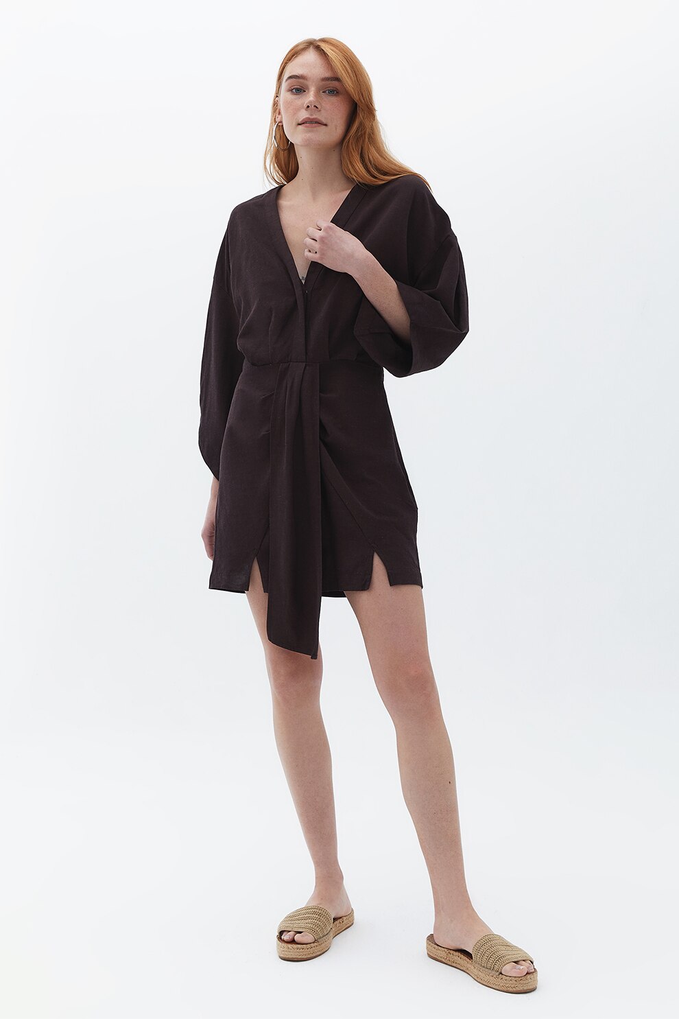 OXXO, Rochie scurta din amestec de in, Maro inchis, S