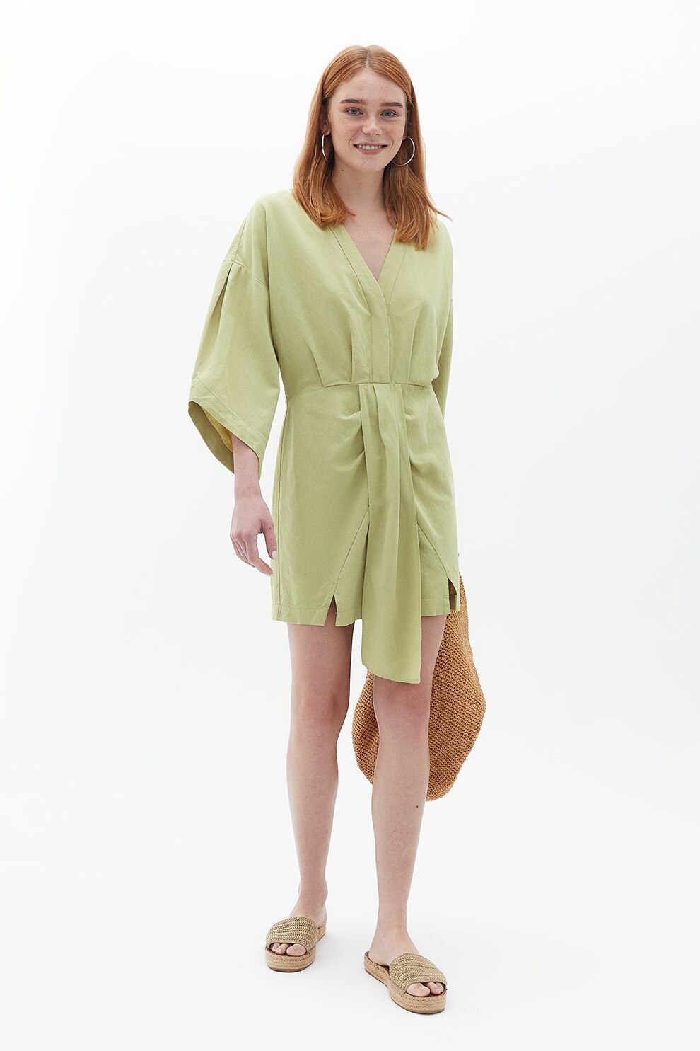 OXXO, Rochie scurta din amestec de in, Verde pal, S