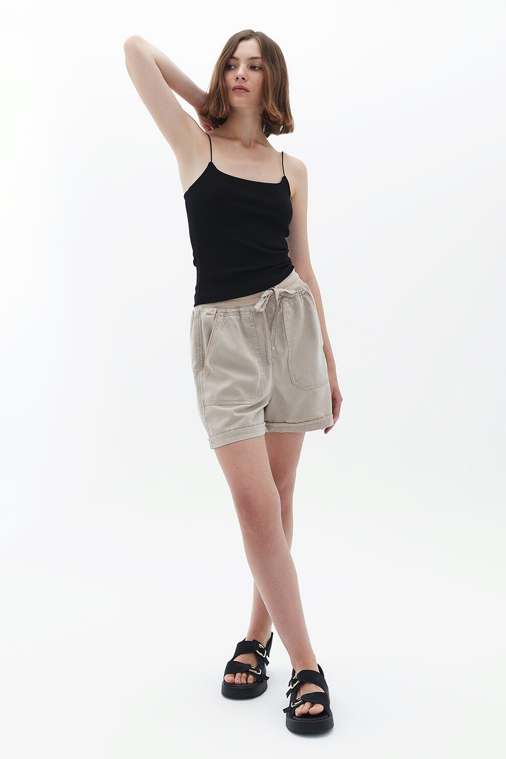 OXXO, Pantaloni scurti cu snururi, Maro taupe deschis, S