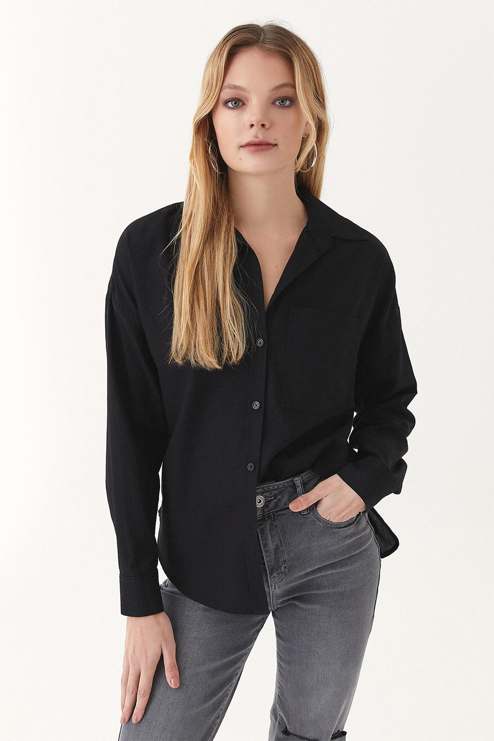 OXXO, Camasa din bumbac cu model uni, Negru, 2XS