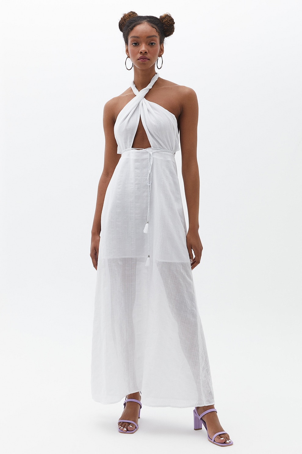OXXO, Rochie din bumbac cu bretea halter, Alb optic, XL