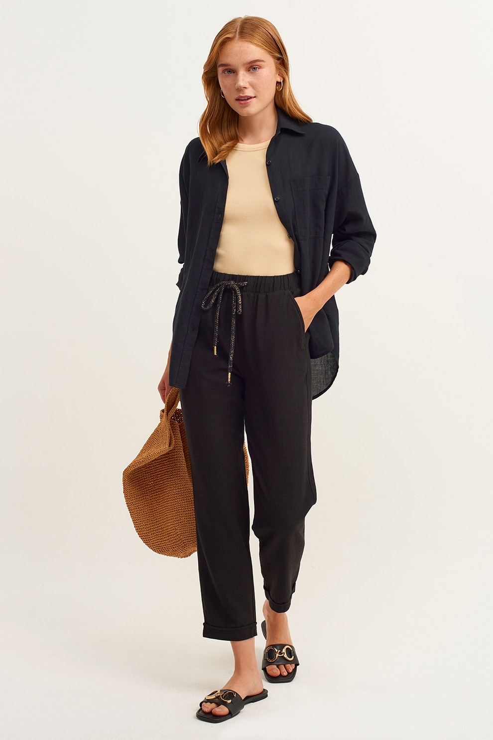 OXXO, Pantaloni crop cu talie ajustabila, Negru, 36