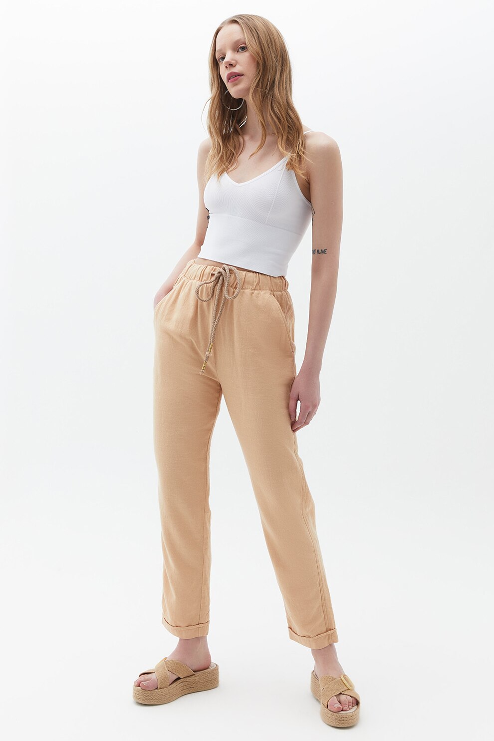 OXXO, Pantaloni crop cu talie ajustabila, Camel, 36