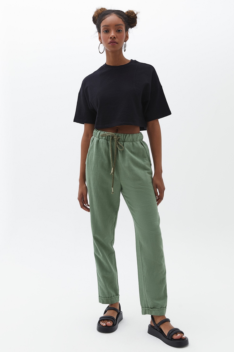 OXXO, Pantaloni crop cu talie ajustabila, Verde spranghel, 40