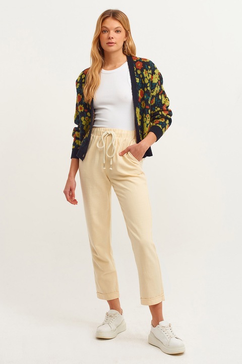 OXXO, Pantaloni crop cu talie ajustabila, Bej