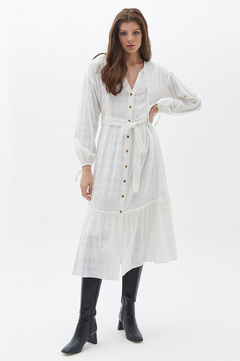 OXXO, Rochie-camasa midi cu croiala in A, Alb, S