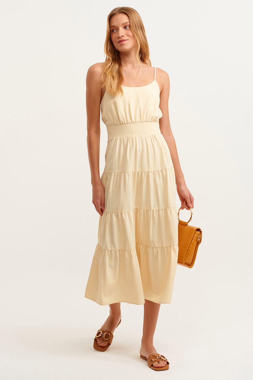 OXXO, Rochie midi stratificata cu croiala in A, Galben pal, 2XS