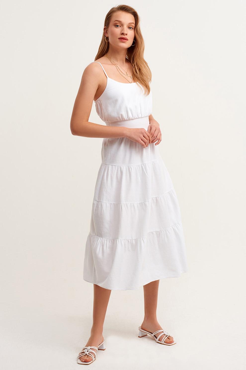 OXXO, Rochie midi stratificata cu croiala in A, Alb, XS