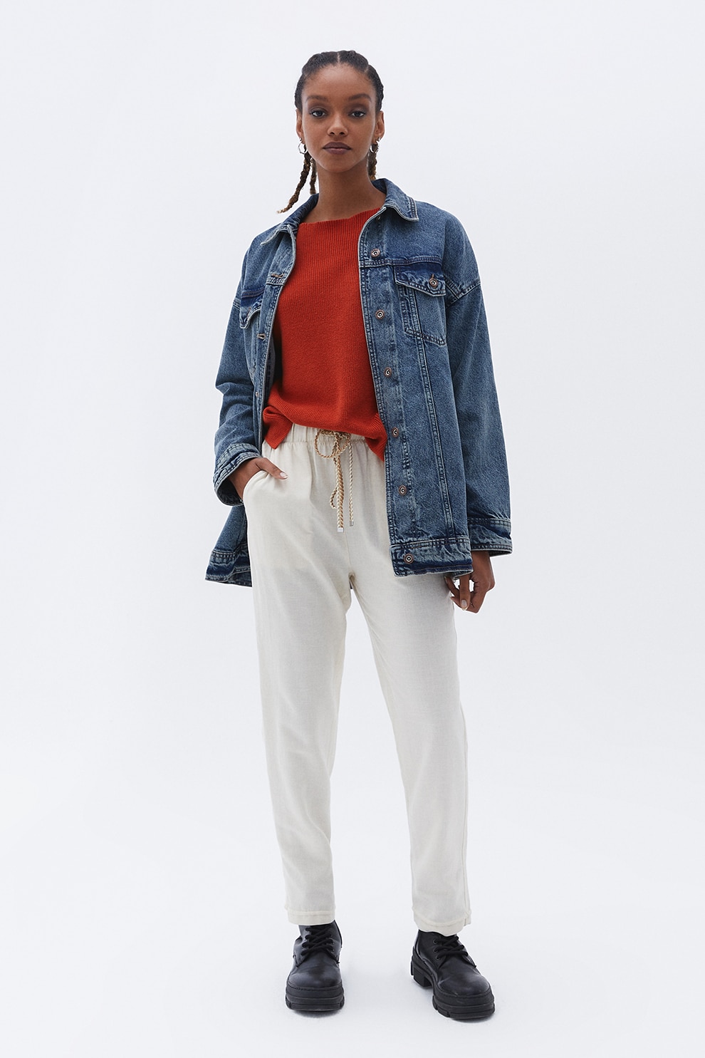 OXXO, Pantaloni drepti crop cu snur de ajustare, Alb murdar, XS