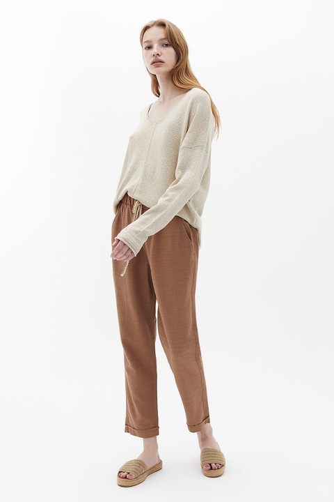 OXXO, Pantaloni drepti crop cu snur de ajustare, Maro