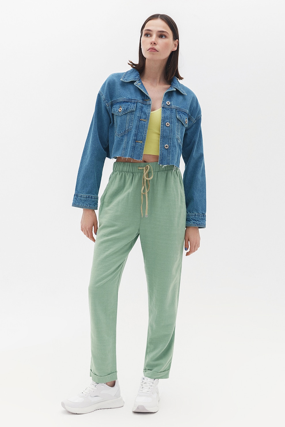 OXXO, Pantaloni drepti crop cu snur de ajustare, Verde prafuit, 2XS