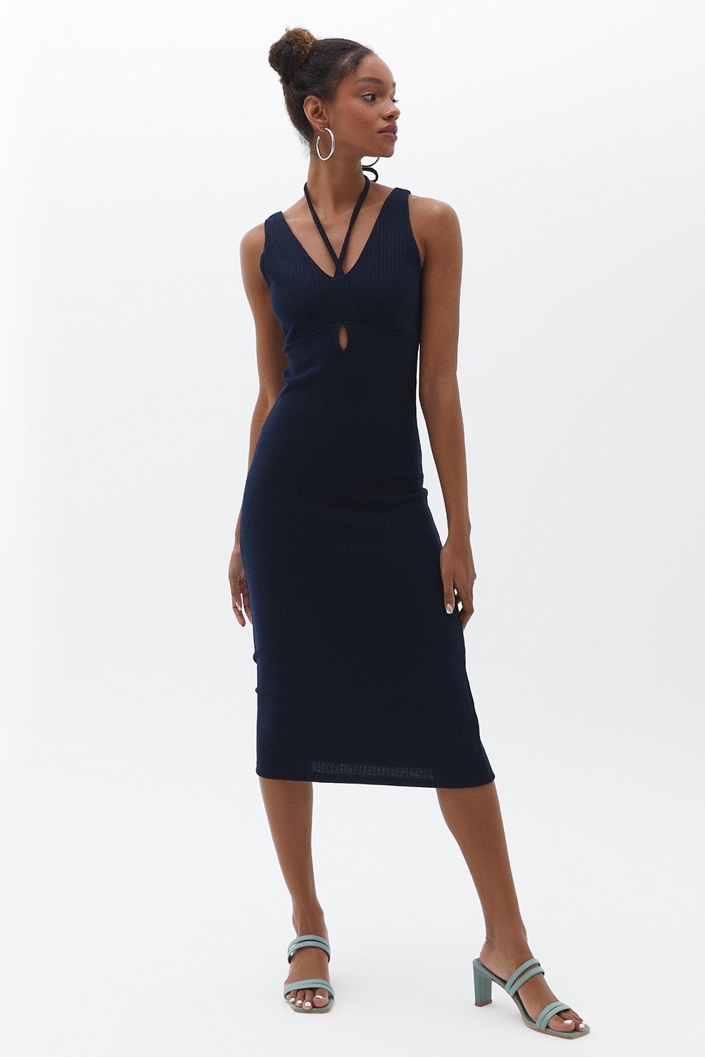 OXXO, Rochie midi cambrata cu sireturi, Albastru ultramarin, S