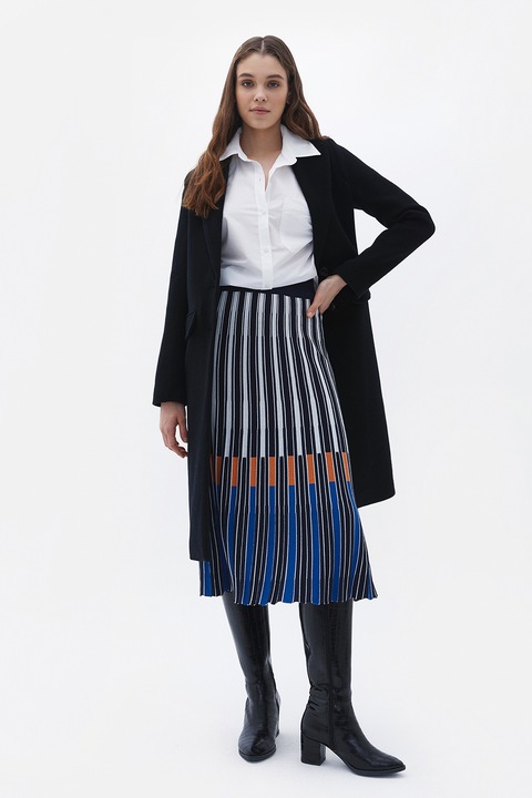 OXXO, Fusta midi evazata cu model, Alb, Maro, Albastru, M