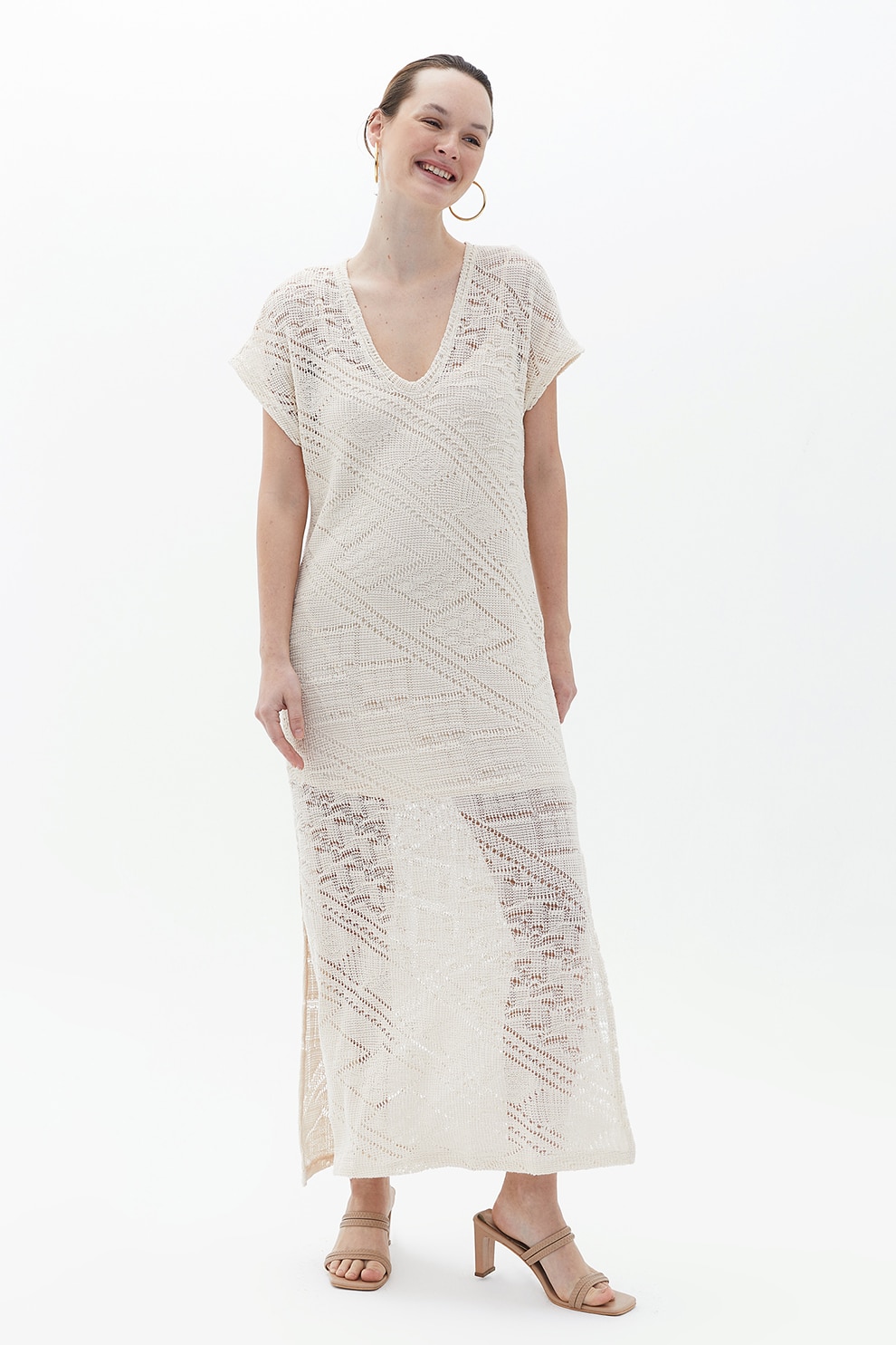 OXXO, Rochie maxi cu slituri laterale, Alb fildes, XS