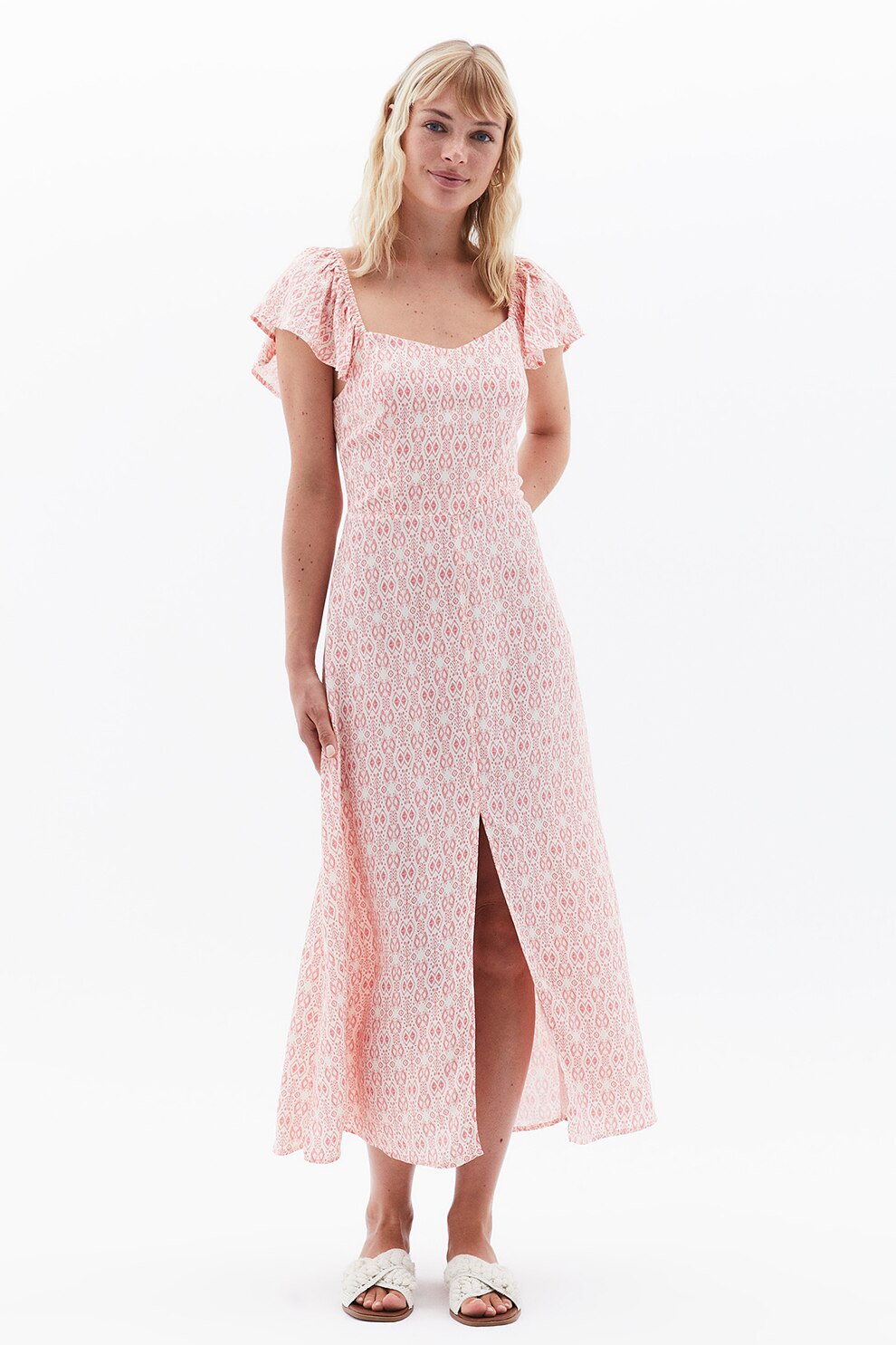 OXXO, Rochie mini cu imprimeu midi, Alb, Rosu deschis, M