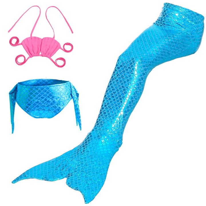 Costum de baie Sirena, Set 3 piese Ariel Printesa, Disney, Party Chili®, Basm, Tematica Petrecere de Vara, Ziua Copilului, Paste, Poliester, Albastru, 5 Ani, 120 cm