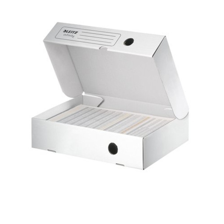 Cutie de arhivare, Leitz, Carton, A4, 80 mm, cu deschidere in sus, Alb