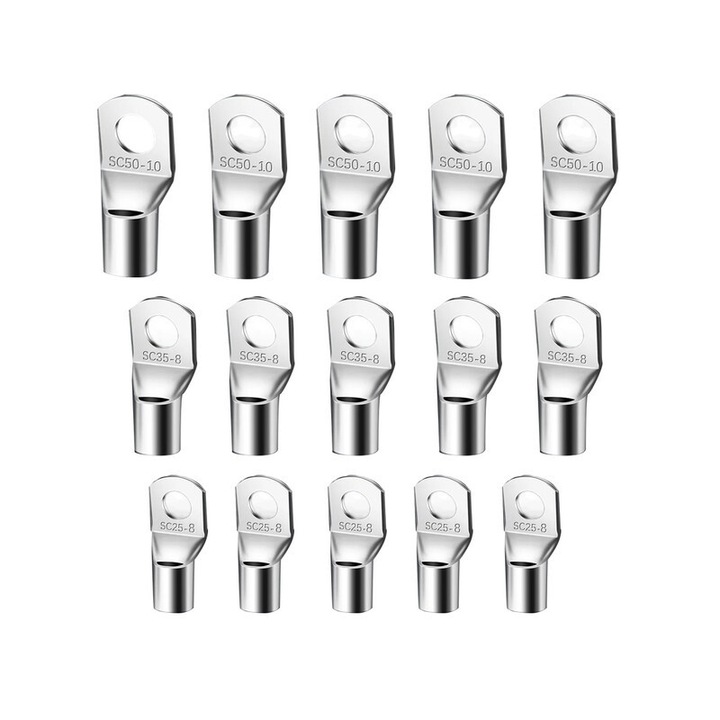 Set 15PCS terminale cablu baterie din cupru taiat, rezistenti la coroziune, dimensiuni variate