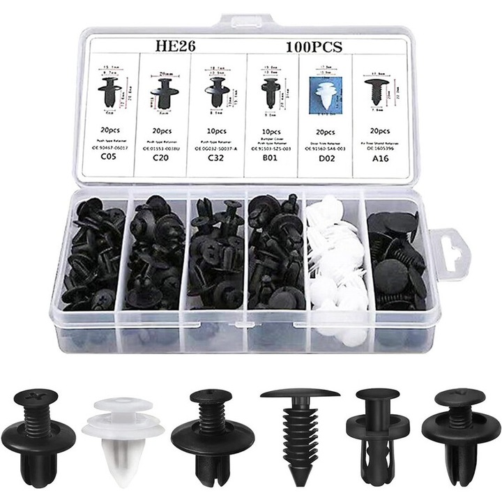 Set 100 cleme auto, diverse dimensiuni, nylon, pentru fixare caroserie, organizare in cutie