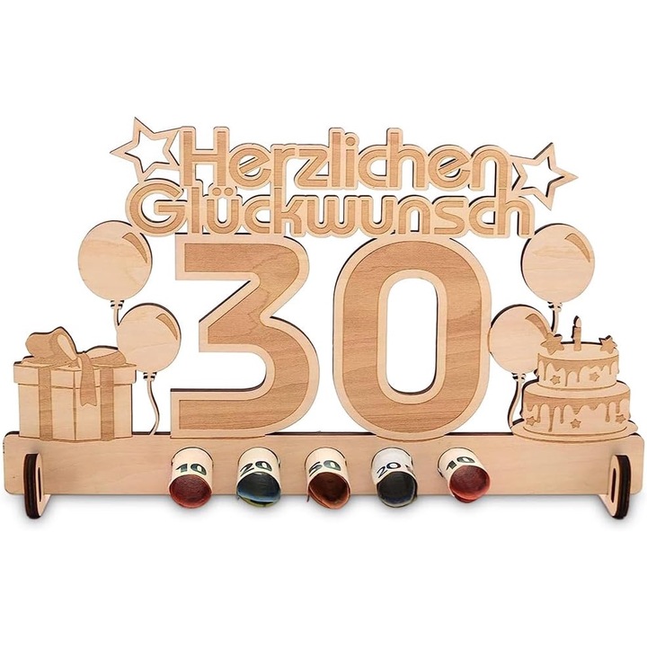 Obiect decorativ pentru aniversare, 30 ani, din lemn, cu text in germana, natur