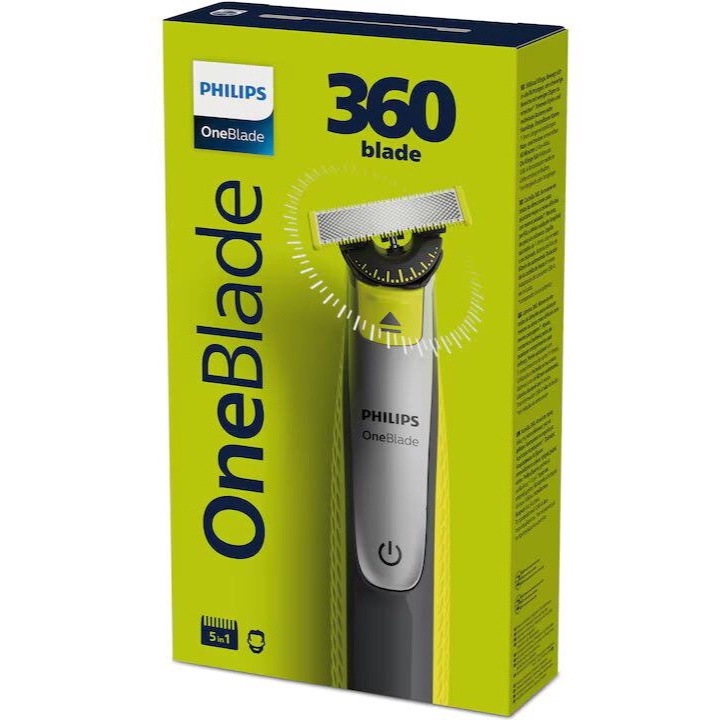 Philips OneBlade 360 QP2734/31 hibrid borotva és szakállvágó, 5 az 1-ben állítható fésű, újratölthető, nedves és száraz, 60 perc, USB-A, tok, védősapka, további cserélhető 360 fokos penge, lime zöld